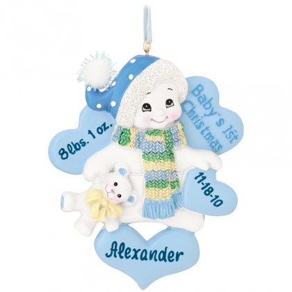 Personalized Baby's First Christmas Blue Snowman With Hearts Ornament