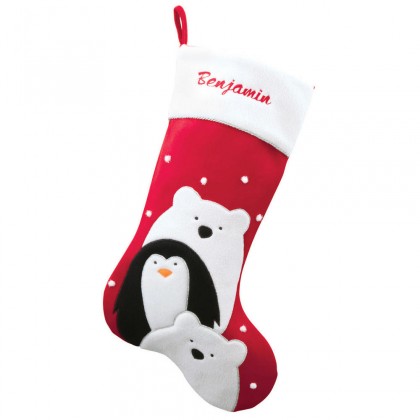 Personalized Penguin and Polar Bears Red Velvet Stocking